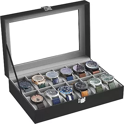 Leather 12 Slot Watch Box Glass Top Watch Jewelry Display Case OrganizerBlack • $18.99