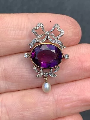 18ct Gold Diamond Amethyst Pearl Pendant Victorian 1890s • £175