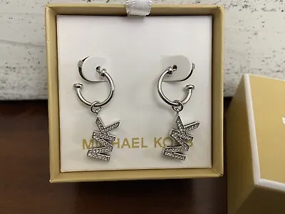 NWT MICHAEL KORS MK Logo Silver Plated Brass Pavé CZ Crystal Drop Earrings-$100 • $45
