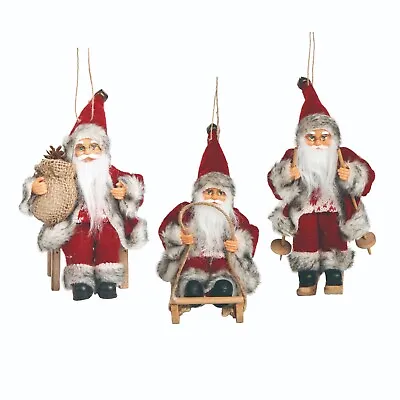 Set/3 4  Traditional Fabric Skiing Sledding Santa Ornament Retro Christmas Decor • $26.61