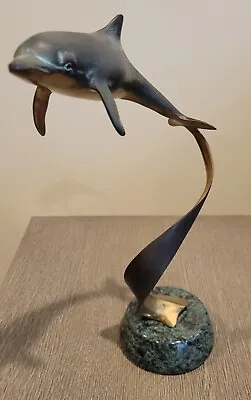 San Pacific International SPI Metal Bronze Dolphin Sculpture Marble Base 11.5  • $29.99