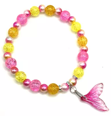 7.5  Glass Mermaid Tail Stretch Bracelet-Pink/Orange/Yellow Beads W Rhinestones • $8.99