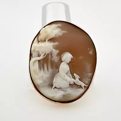 Antique Carved Shell Cameo 14K Gold Frame Large Oval Girl W Dog Outdoor Trees • £243.27