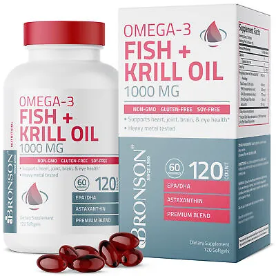 $19.97 • Buy Bronson Omega-3 Fish + Krill Oil 1000MG Heart Joint Brain Health 120 Softgels