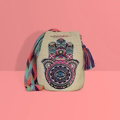Authentic 100% Wayuu Mochila Colombian Bag Large Size Beige Hamsa Protector Hand • $120