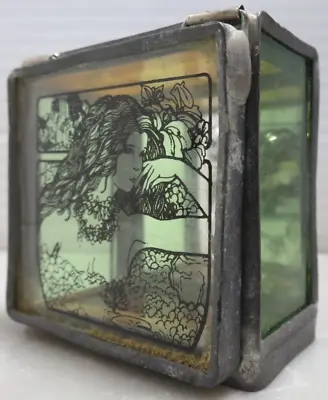 Vintage Small Square Stained Glass Jewelry Keepsake Trinket Box W/ Bottom Mirror • $15