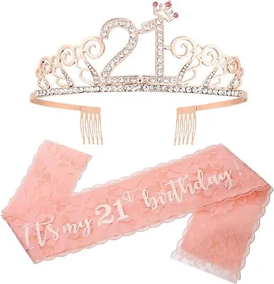 Rose Gold 21st Birthday Sash Rhinestone Birthday Crown Girls Birthday Tiara • £0.99