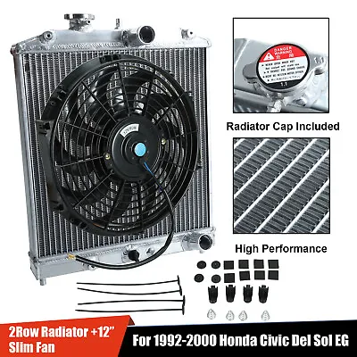 2 Row Aluminum Radiator+12  Slim Fan For 1992-2000 Honda Civic Del Sol EG EH EJ • $76.99