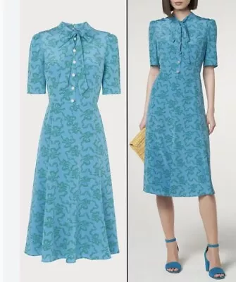 LK Bennett Montague Silk Dress Blue Size 12 UK Short Sleeve Tea Dress Mad Men • £85