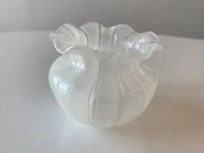 Murano Ruffle White Swirl Latticino Blown Glass Miniature Vase • $32