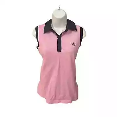 Joules Womens Polo Shirt Large US 14 Pink Navy Blue Logo Sleeveless Stretch • $15.25