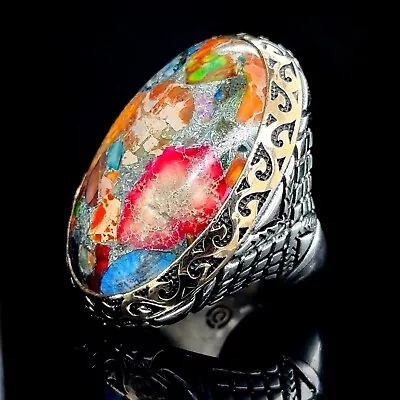 Large Multi Color Turquoise Gemstone Ring Men Silver Turquoise Ring 925k Silver • $205