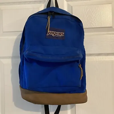 Vintage Jansport Backpack Blue Leather Bottom Day Pack 90s USA • $36