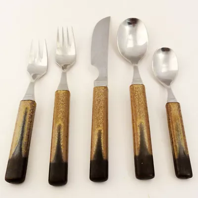 TIGER'S EYE Flatware Denby 5 Piece Place Setting Stone & Steel NEW NEVER USED  • $74.99