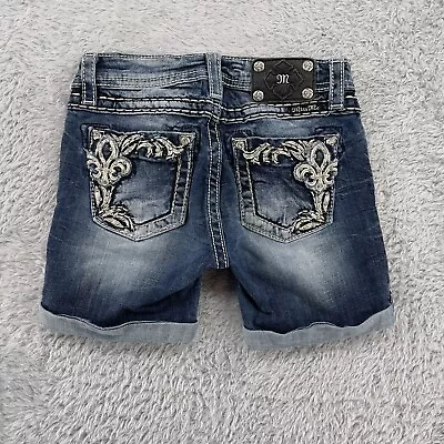 Miss Me Girls Shorts Size 14 Blue Medium Wash Stretch Denim Mid-Shorts • $14.99