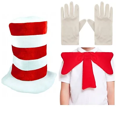 Cat In The Hat Adults Kids Fancy Dress Costume Striped Hat Bow Tie Book Week Set • £3.99