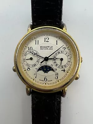 Vintage Exactly Moon Phase Watch Women Swiss Made Black Leather Band • $35