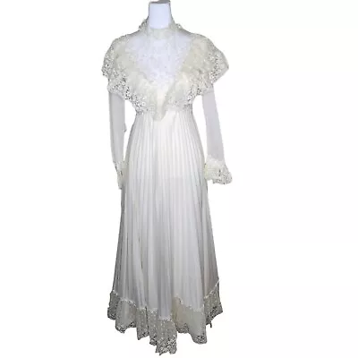 Vintage 70s Victorian High Neck Wedding Gown Dress Womens Small Ivory • $149.47