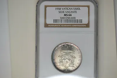 Sede Vacante Silver 500 Lire 1958 KM57 MS66 NGC.  Gorgeous!! • $140
