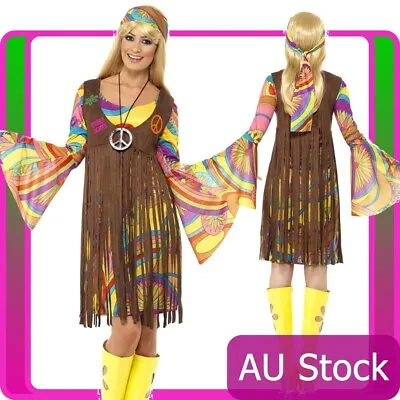 Ladies 1960s Retro Groovy Costume Hippie Hippy Lady 60s 70s Disco Fancy Dress • $54.14