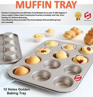 £8.49 • Buy New Gold Large Muffin Yorkshire Pudding Mould Bakeware 12 Cup Cake Baking Tray