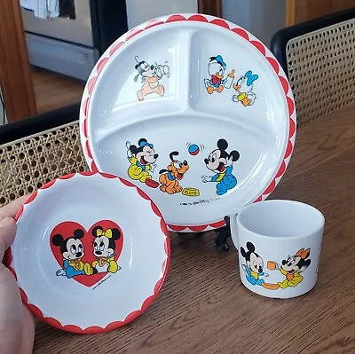 80s Disney Vintage Mickey Minnie Mouse Hard Plastic Children's Dining Set • £14.95