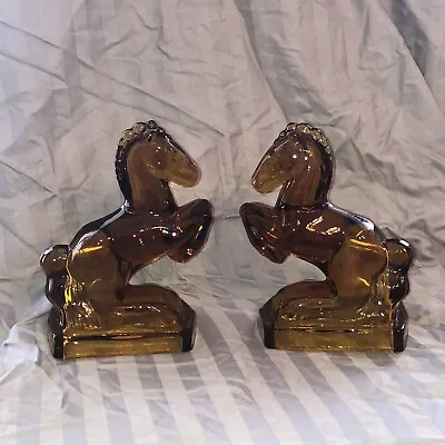 Vintage Lot Of 2 1940’s L.E. Smith Amber Glass Horse Statue Bookend Sculpture  • $57.59