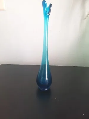Vintage Viking Glass 12 Inch Swung Blue Glass Bud Vase  • $24