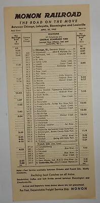 Monon Railroad -  Public Timetable   1962  Card Tt • $13