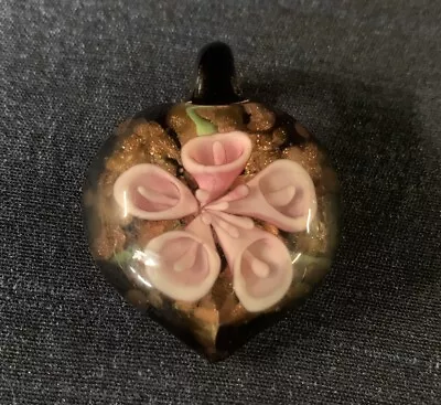 Charming Heart Pendant-  Lampwork Glass Flower Murano Charms Pink Gold Black • $9.34