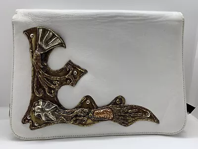 VTG Exart Leather Clutch Purse Bag Cream Mixed Metal Copper Brass Sculpture HTF • $124.95