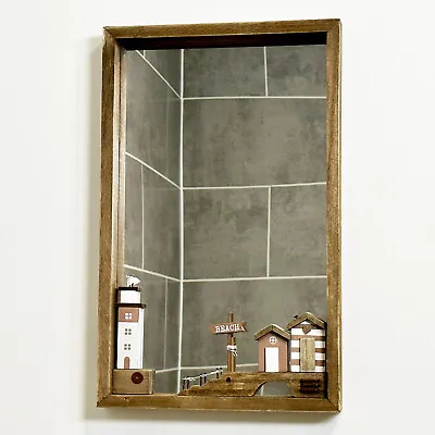 Beach House Mirror Distressed Wood Frame Rectangle Seashore Bathroom Wall Decor • £22