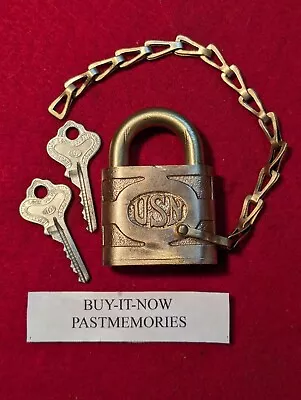  USN NAVY  ILCO BRASS PADLOCK W/2 KEYS & CHAIN OLD ANTIQUE LOCK VINTAGE LOCKS • $49.99