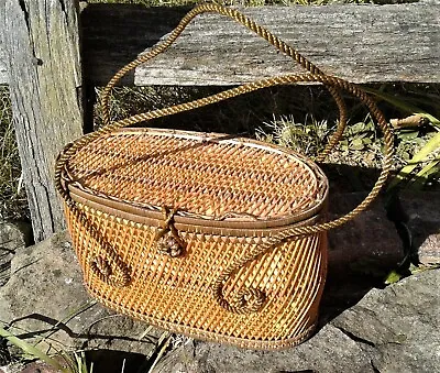 $16 • Buy Vintage Wicker Rattan Straw Sewing Basket Purse 