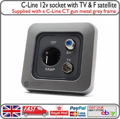 C-Line Metal Grey 12v Socket W/ TV Coaxial & F Type Satellite Motorhome Caravan • £16.99