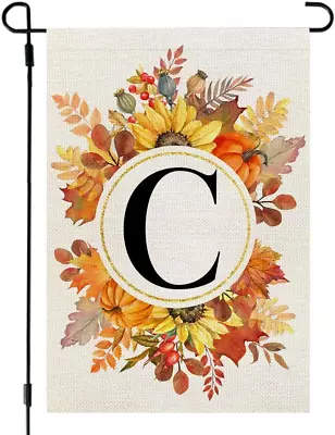 Fall Monogram Letter C Garden Flag Sunflower Pumpkin Leaves 12X18 Inch Double Si • $18.38