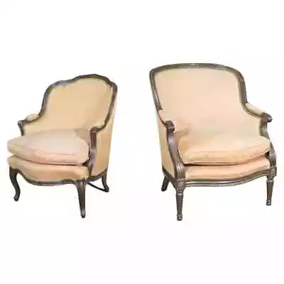 Mated Pair Similarly Upholstered French Carved Walnut Louis Bergere Chairs • $1332