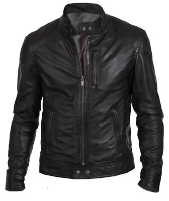 New Men's Bomber Biker Vintage Black Genuine Leather Slim Fit Jacket XS-3XL B24 • $104.99