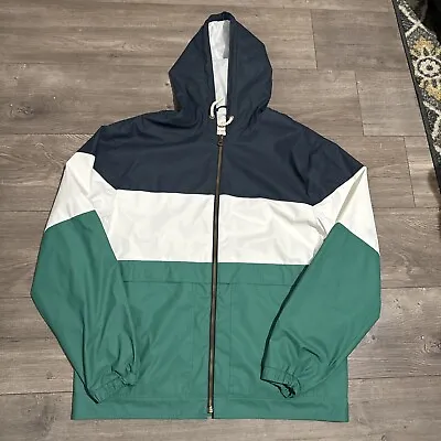 Weatherproof Vintage Jacket Mens Blue White Green Rain Slicker Hood Pockets L • $14.99