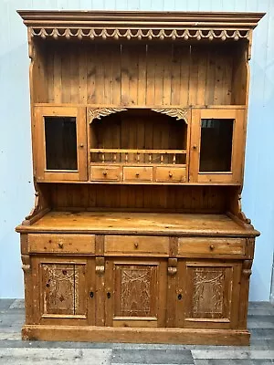 Country Farmhouse Vintage Welsh Dresser With Carvings And Glass Display • £850