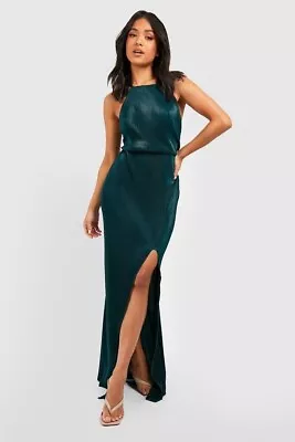Boohoo Pleated Thigh Split Green Maxi Dress Size 8 • $35