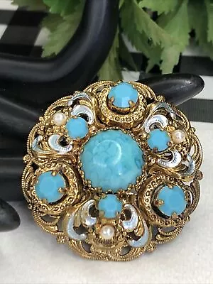 Vintage WEST GERMANY Turquoise  Glass & Rhinestone Gold Tone Pin Brooch • $8