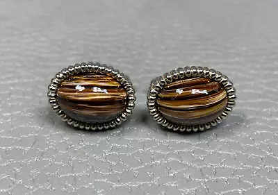 Vintage Striated Agate Beaded Border Yellow Gold Plated Cuff Links • $19.95