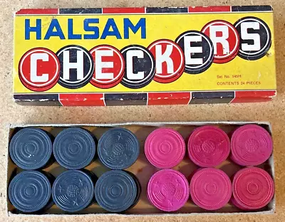 Vintage 1950 Halsam No. 145H CHECKERS Game COMPLETE 24 Pieces In Original Box • $11.99