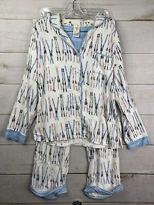 Munki Munki Flannel Pajamas Womens L White Pink Blue Ski Print Winter Long Slv • $24.99