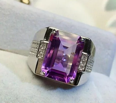 3Ct Emerald Cut Simulated Amethyst Men's Band Ring 14K White Gold Plated Silver • $118.99