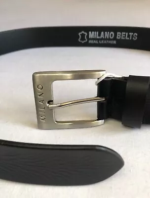 BN Milano Mens Wide Grain Leather Belt Black Silver Square Buckle Size S 28-32” • £8.99