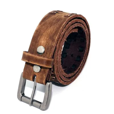 9480V - Men's Western Vintage Double Row Lacing Full Top Grain Leather Belt • $17.98