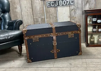 Black Millerain & Leather Trimmed English Handmade Coffee Table Trunk Storage • $801