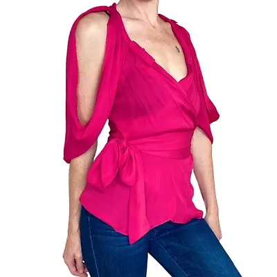 BCBG Maxazria Barbie Pink Silk Cut-Out Tie Blouse • $50